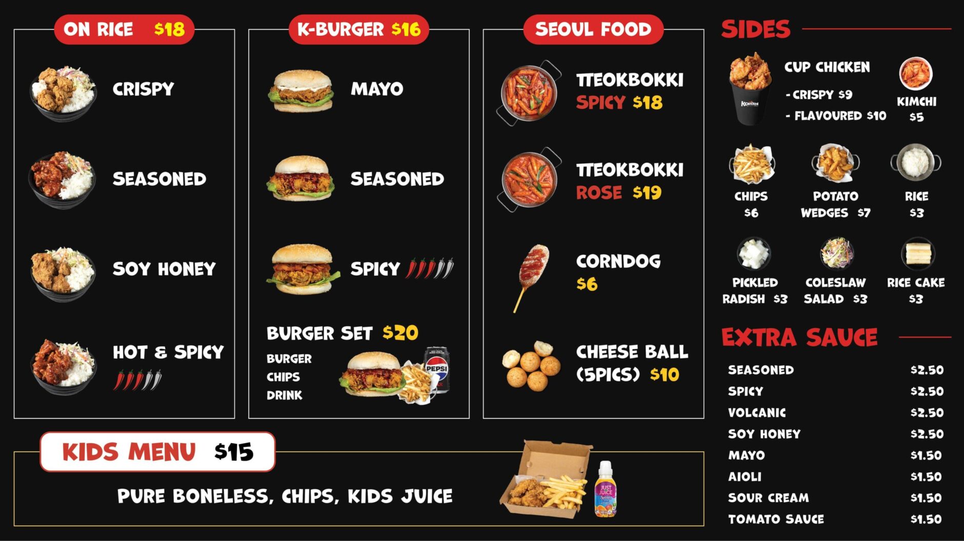 K chicken burger and rice menu